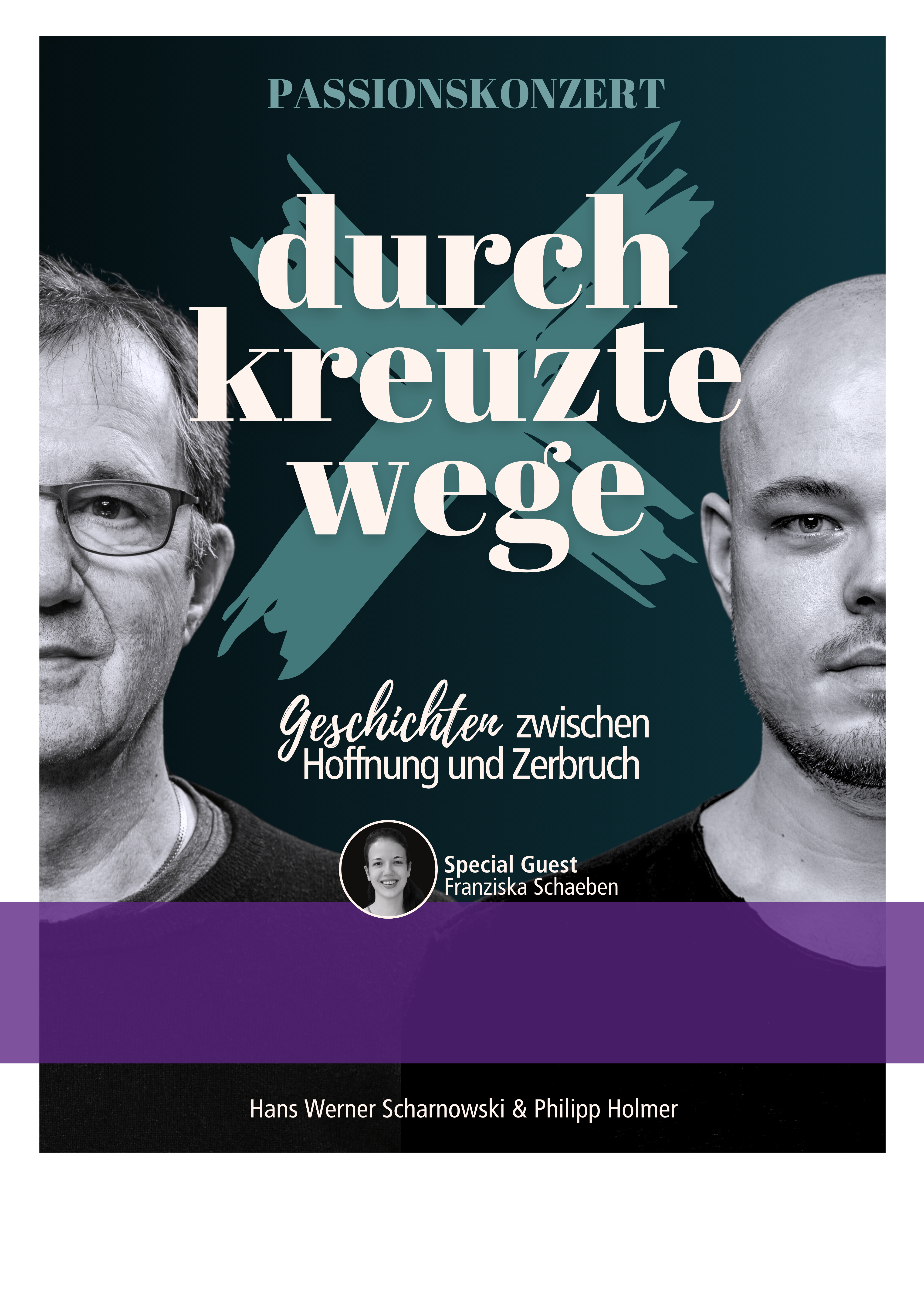 Plakat zum Passionskonzert 'Durchkreuzte Wege' mit künstlerischer Darstellung eines Kreuzes